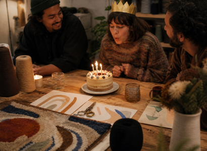 Grupo de amigos celebrando un cumpleaños creativo en un taller de tufting en Barcelona