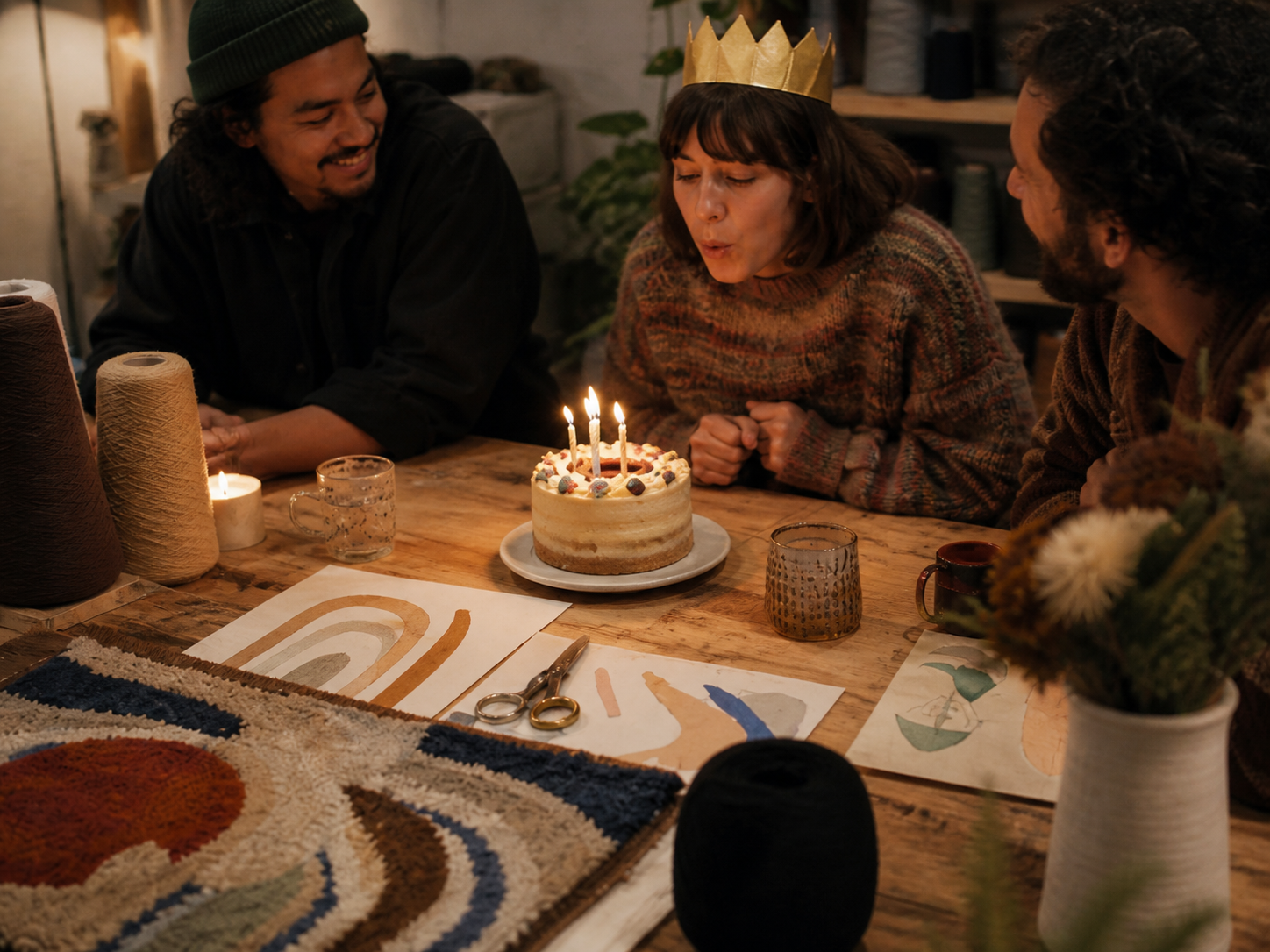 Grupo de amigos celebrando un cumpleaños creativo en un tufting workshop in Barcelona