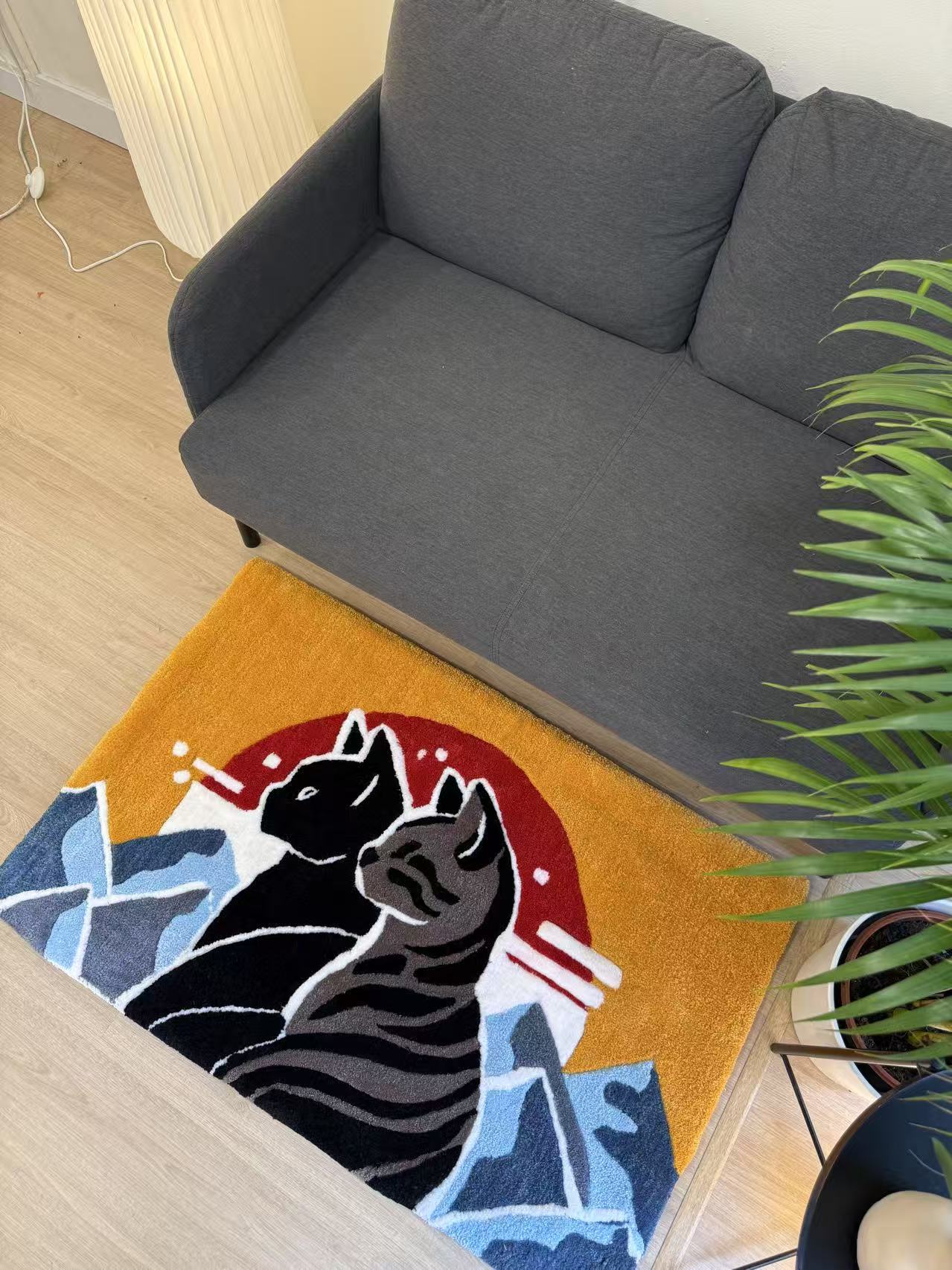 Alfombras Personalizadas 2 Custom rug with two cats, placed in front of the sofa in a customer’s living room